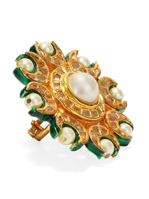 

DUGRISTYLE Gold-Plated Green & White Kundan & Pearl-Studded Finger Ring