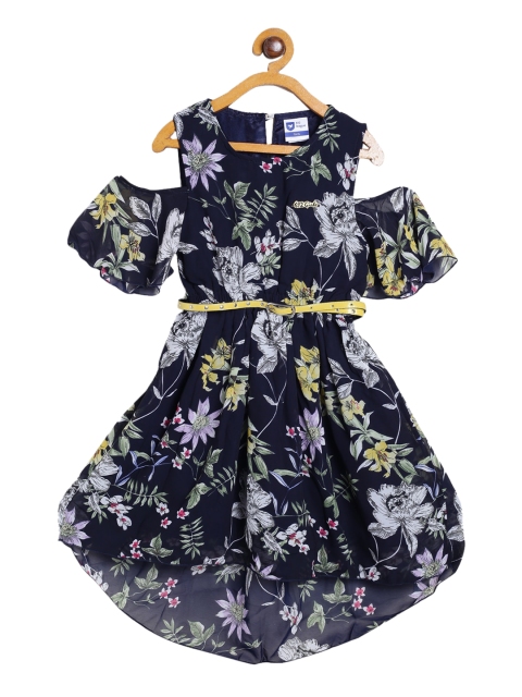 

612 league Navy Blue & Off White Floral Georgette Dress
