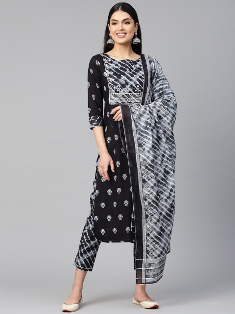 

Silai Bunai Women Black Ethnic Motifs Printed Mirror Work Cotton Kurta Set With Dupatta