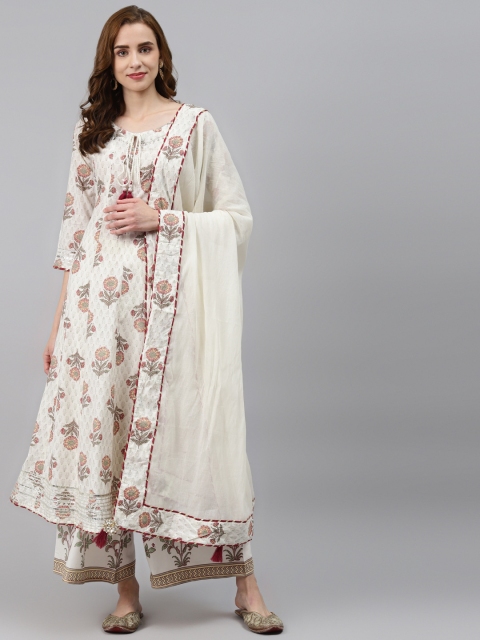 

Silai Bunai Women Off-White Floral Printed Pure Cotton Kurta With Palazzos & Dupatta