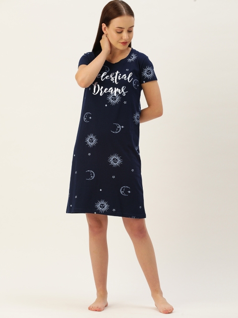 

GALYPSO Navy Blue Celestial Astrology Cotton Printed T-shirt Nightdress