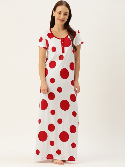 

GALYPSO White & Red Polka Dots Printed Maxi Nightdress