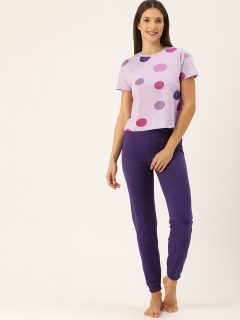 

GALYPSO Women Purple Polka Dot Printed Cotton Night suit