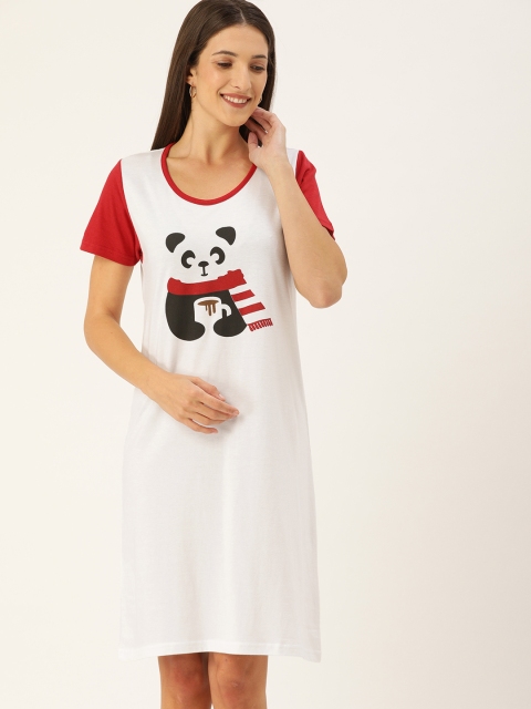 

GALYPSO White & Red Panda Printed T-shirt Nightdress