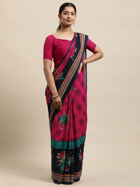 

KALINI Pink & Navy Blue Floral Georgette Printed Saree