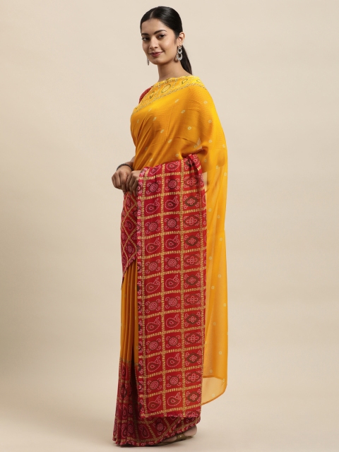 

KALINI Mustard & Red Bandhani Saree