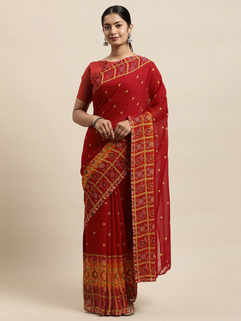 

KALINI Red Bandhani Georgette Printed Saree
