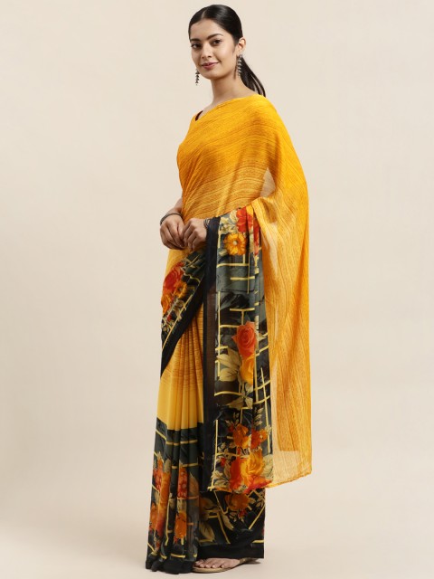 

KALINI Yellow & Black Floral Printed Georgette Saree