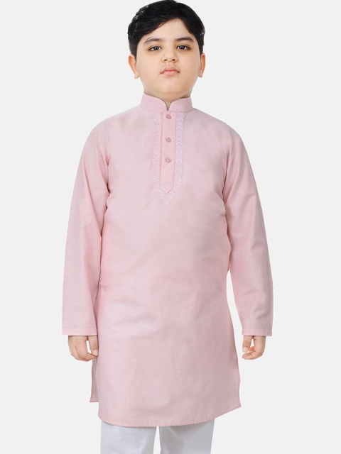 

SG YUVRAJ Boys Pink Thread Work Mandarin Cotton Collar Kurta