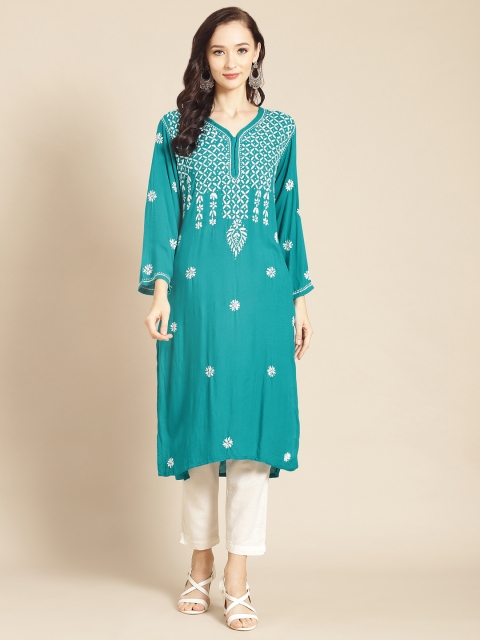 

Saadgi Women Blue Floral Embroidered Handloom Kurta