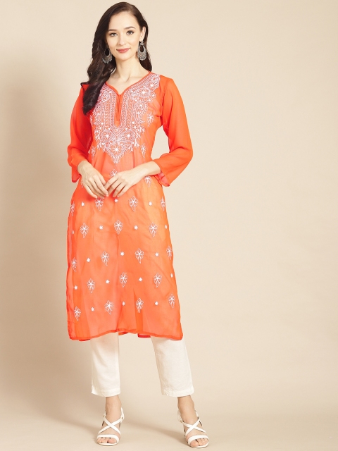 

Saadgi Women Orange Floral Embroidered Georgette Handloom Georgette Kurta