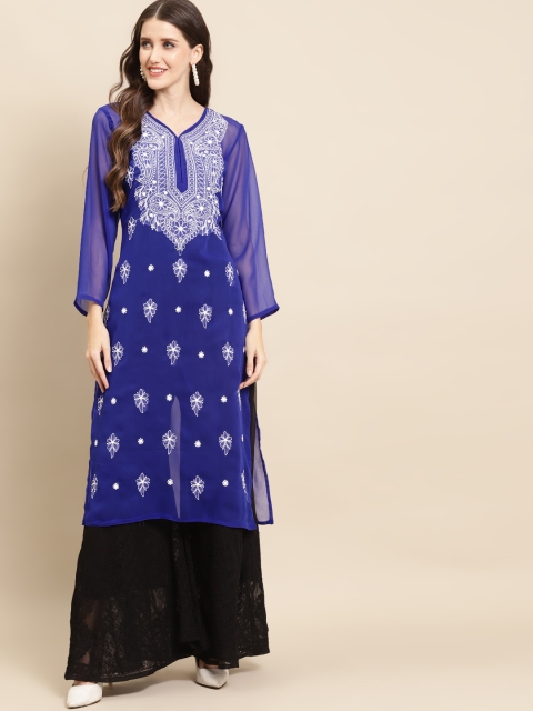 

Saadgi Women Blue Embroidered Georgette Handloom Georgette Kurta