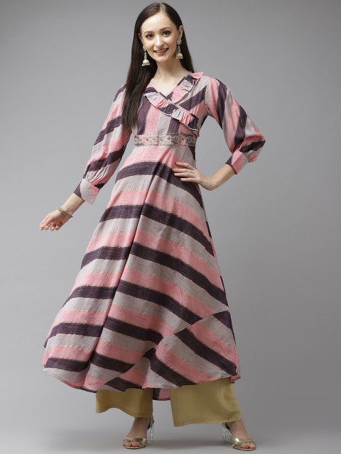 

Yufta Women Purple & Multicoloured A-Line Striped Kurta