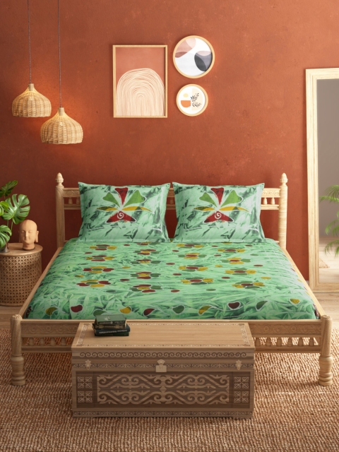 

Taavi Green & Mustard Yellow Hand Block Print 120 TC 220 GSM Queen Bedsheet 2 Pillow Cover