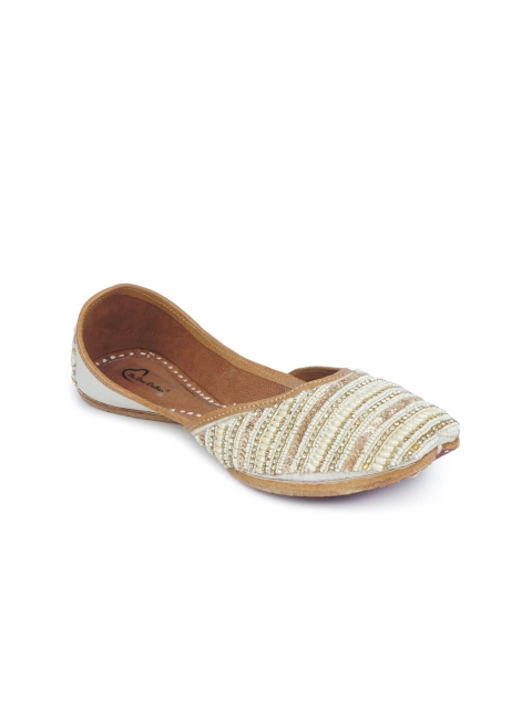

The Desi Dulhan Women White Embellished Leather Party Mojaris Flats
