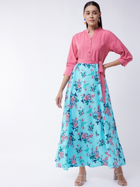 

Purple Feather Pink & Blue Floral Printed Crepe Midi Fit & Flare Maxi Dress