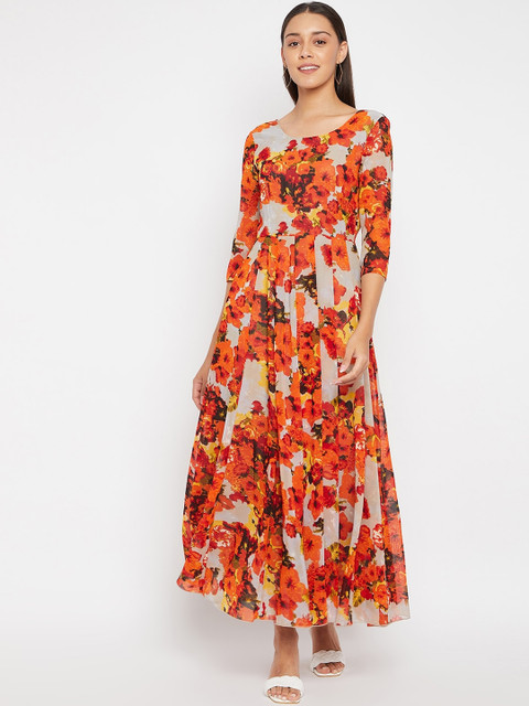 

PANIT Orange & Off White Floral Georgette Maxi Dress