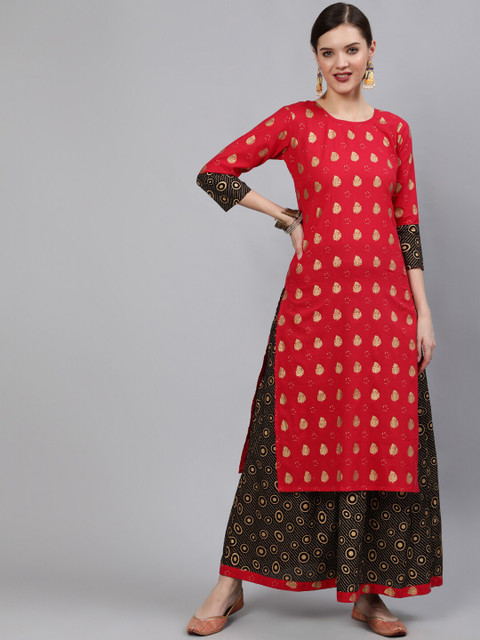 

Nayo Women Red & Black Ethnic Motifs Printed Regular Pure Cotton Kurta with Skirt