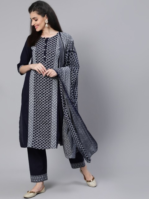

Nayo Women Navy Blue & White Ethnic Motifs Yoke Design Pure Cotton Kurta Set & Dupatta