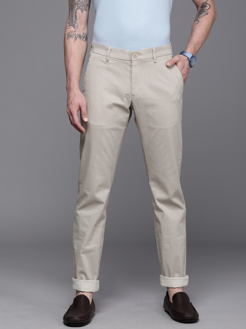 

Allen Solly Men Cream-Coloured Self-Design Slim Fit Regular Trousers