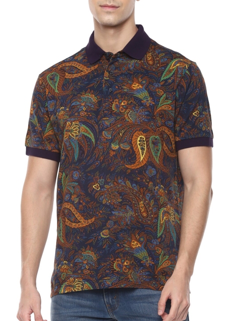 

ETRO Men Navy Blue Floral Printed Polo Collar Cotton T-shirt