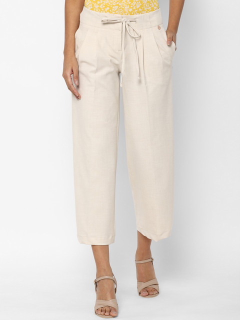 

Allen Solly Woman Women Beige Slim Fit Pleated Cropped Parallel Trousers