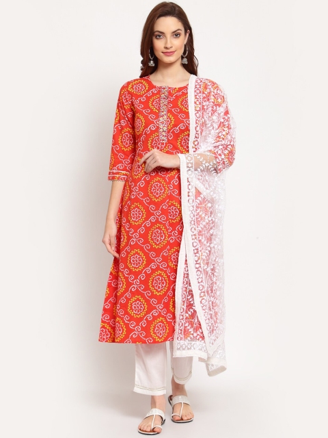 

Myshka Women Orange & White Bandhani Printed Regular Pure Cotton Kurta with Trousers