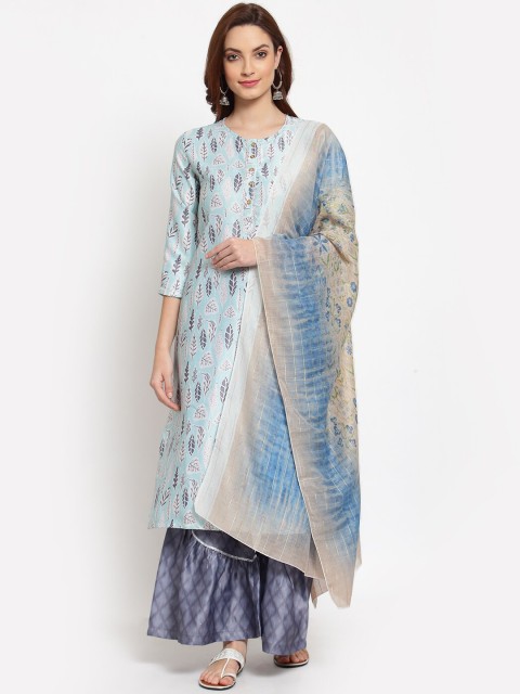 

Myshka Women Multicoloured Floral Yoke Design Layered Pure Silk Kurti with Sharara & With Dupatta, Multi