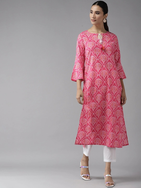 

Amirah s Women Fuchsia & White Geometric Printed Keyhole Neck Pure Cotton Kurta