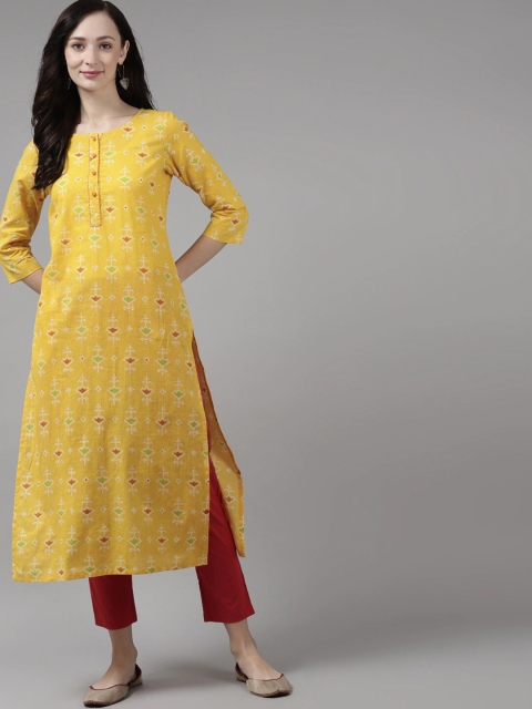 

Amirah s Women Yellow Geometric Printed Mirror Work Kurta