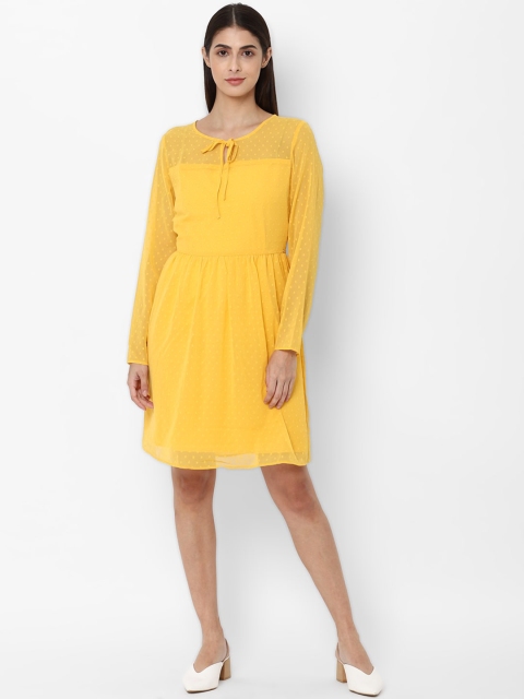 

Allen Solly Woman Yellow Self Design Tie-Up Neck Fit & Flare Dress