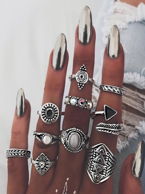 

Shining Diva Fashion Set Of 10 Silver-Plated Finger Rings