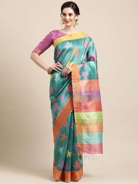 

Mitera Teal Blue & Red Floral Silk Cotton Saree