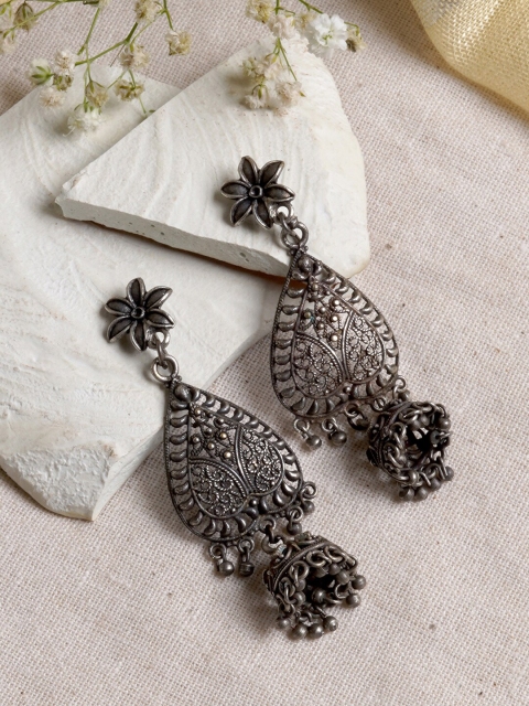 

TEEJH Silver-Toned Teardrop Shaped Jhumkas Earrings