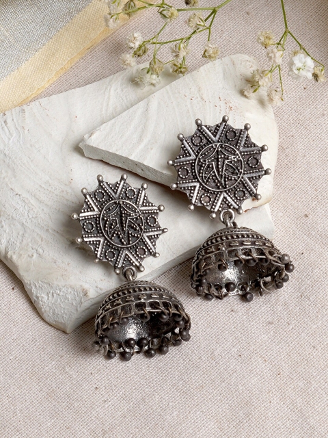 

TEEJH Silver-Toned Dome Shaped Jhumkas Earrings