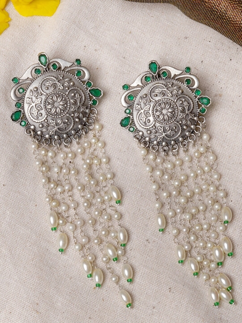 

TEEJH Silver-Toned & Off White Circular Drop Earrings
