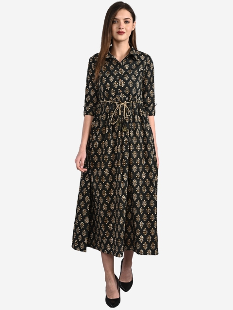 

GULMOHAR JAIPUR Black & Gold-Toned Ethnic Motifs Printed Cotton A-Line Midi Dress