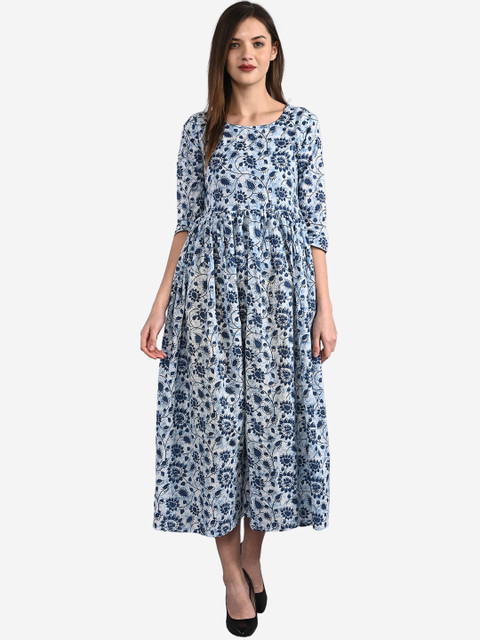 

GULMOHAR JAIPUR White & Blue Floral Cotton Midi Dress