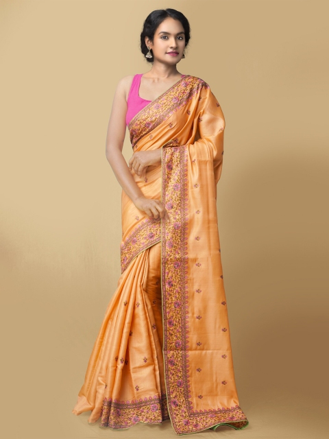 

Unnati Silks Orange & Pink Floral Embroidered Pure Silk Mysore Silk Saree