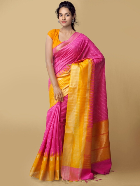 

Unnati Silks Pink & Yellow Woven Design Silk Cotton Kanjeevaram Saree