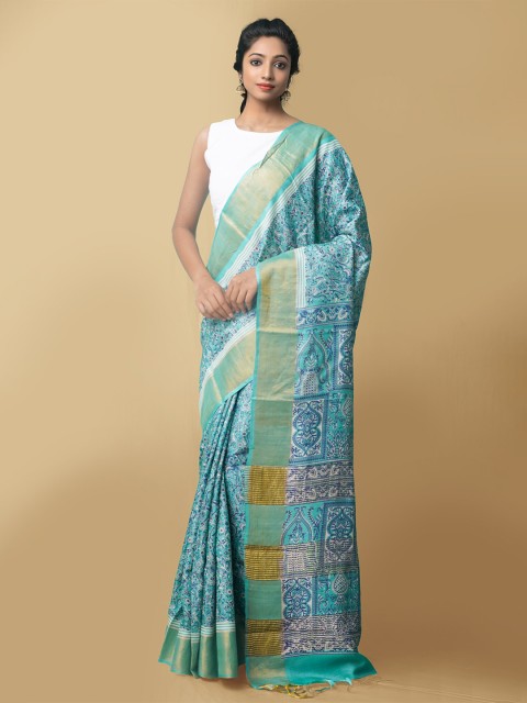 

Unnati Silks Blue & White Ethnic Motifs Printed Zari Pure Silk Tussar Saree