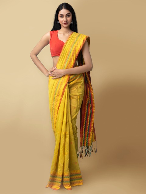 

Unnati Silks Green & Red Woven Design Pure Linen Jamdani Saree