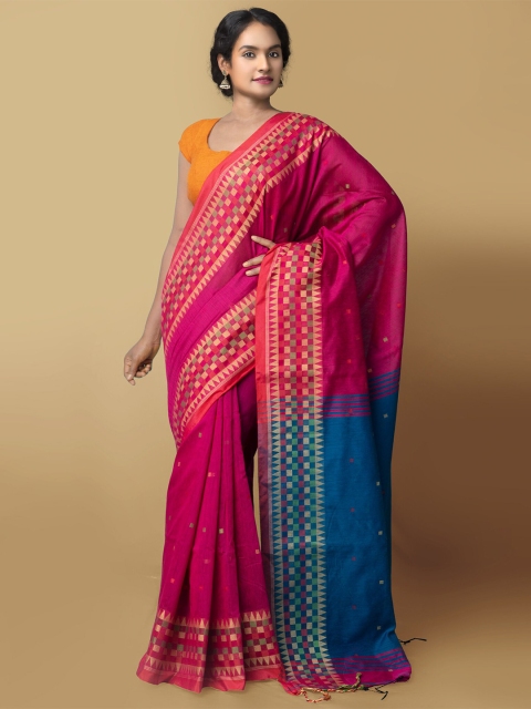 

Unnati Silks Pink & Blue Woven Design Pure Linen Jamdani Saree