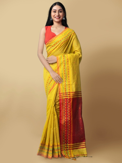 

Unnati Silks Yellow & Maroon Woven Design Pure Linen Jamdani Saree