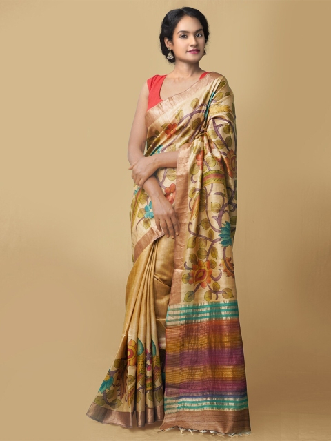 

Unnati Silks Beige & Brown Floral Printed Pure Silk Mysore Silk Saree