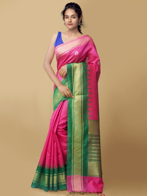 

Unnati Silks Pink & Green Woven Design Zari Silk Cotton Kanjeevaram Saree