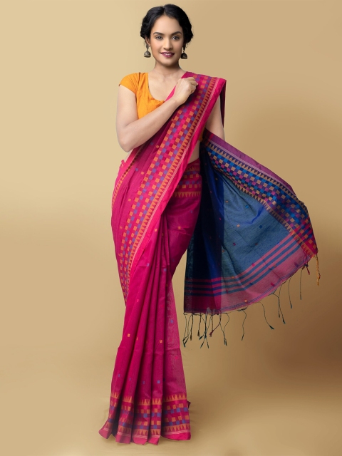 

Unnati Silks Pink & Blue Woven Design Pure Linen Jamdani Saree