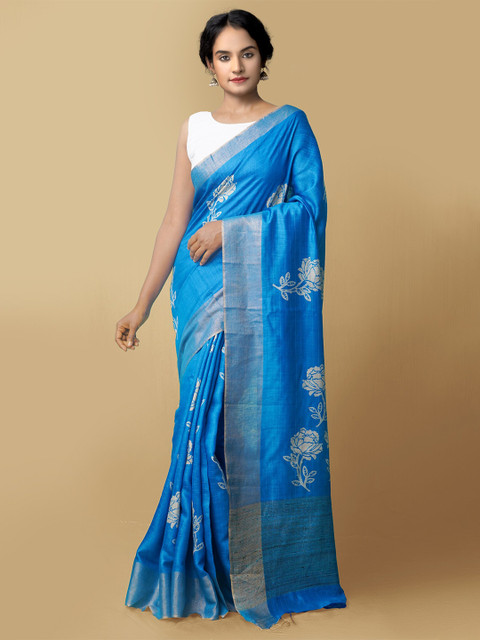 

Unnati Silks Blue & White Floral Printed Pure Silk Mysore Silk Saree