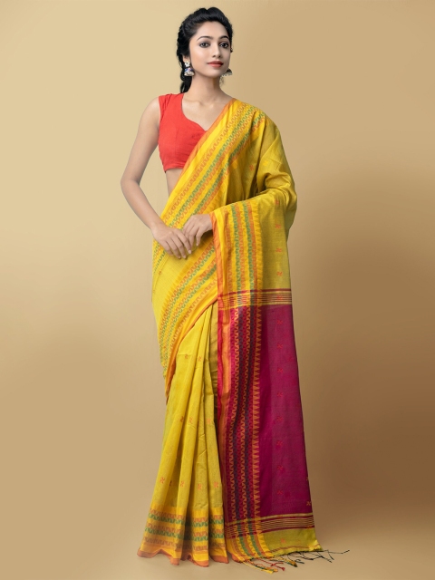 

Unnati Silks Green & Magenta Woven Design Pure Linen Jamdani Saree