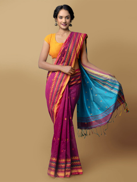 

Unnati Silks Women Purple & Blue Pure Handloom Bengal Linen Sustainable Saree